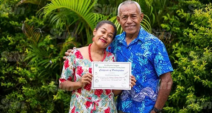 Apisaki Tuilovoni with her father Esakaia Tuilovoni after the Makoi Women’s Vocational Training Centre graduation on January 13, 2021. Photo: Leon Lord