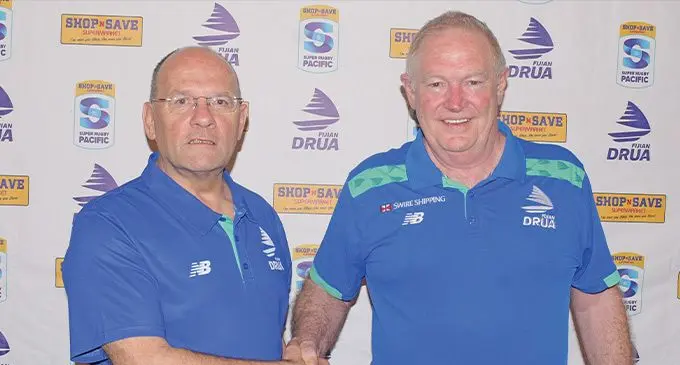 Swire Shipping Fijian Drua chief executive officer Mark Evans (left) and outgoing CEO Brian Thorburn at the Grand Pacific Hotel in Suva, on October 19, 2022. Photo: Ronald Kumar