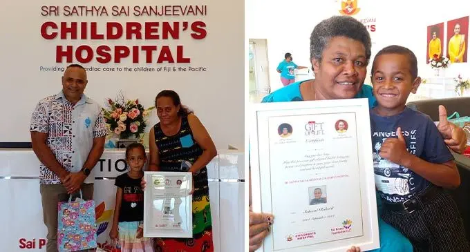 From left: Commissioner of Police Brigadier-General Sitiveni Qiliho, Melisa Brown and Eteci Veronika at the Sri Sathya Sai Sanjeevani children’s hospital in Nasese, Suva and Litia Tinai and her son Sakeasi Rokoili at the Sri Sathya Sai Sanjeevani children’s heart hospital on September 25, 2022. Photo: Jone Salusalu