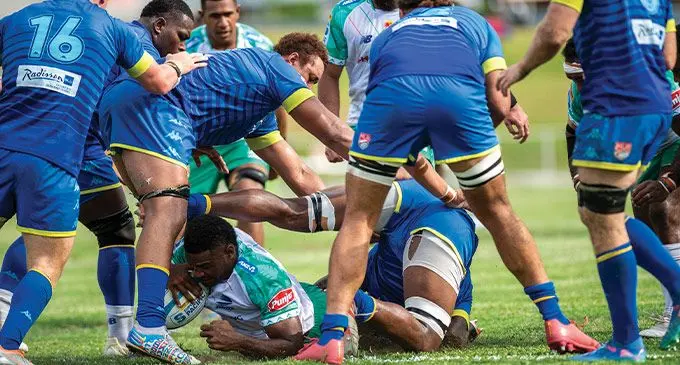 Robust Swire Shipping Fijian Drua flanker Isoa Tuwai goes over to score a try against the RFC Los Angeles side in their pre-season clash at Lautoka’s Churchill Park on January 24, 2025. Photo: Leon Lord