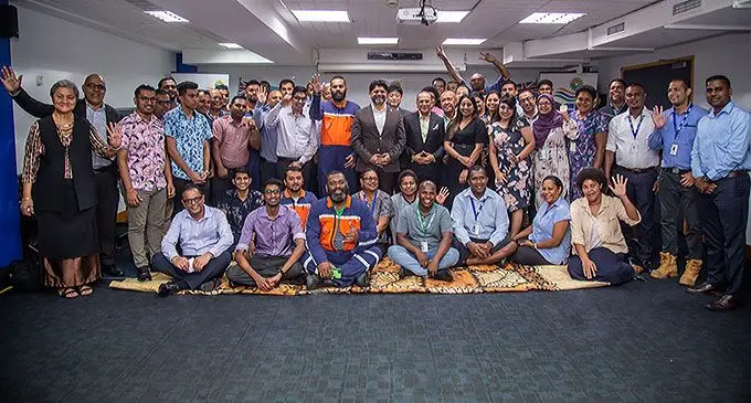 Attorney-General and Minister for Economy Aiyaz Sayed-Khaiyum, Energy Fiji Limited chief executive officer Hasmukh Patel with EFL staff members following the announcement of a pay increment and bonus at the EFL headquarters in Suva on June 20, 2022. Photo: Leon Lord