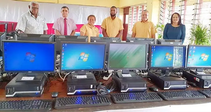 From left: Tailevu North College manager Kusitino Seru, Education Officer Central Pravin Nath, Computer head of school Teila Waqa, Divisional, Assistant Principal Waisiki Koroivulavou, Principal John Atalifo, and Minister for Education Heritage and Arts Rosy Akbar, during the handing over of computers.