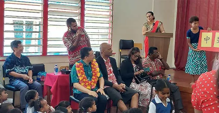 From left: The People’s Republic of China Ambassador to Fiji Zhou Jian and the Commissioner West Apolosi Lewaqai during the International Chinese Language Day at the Lautoka Zhong Hua School on April 20, 2023. Photo: Salote Qalubau