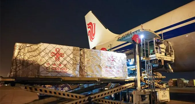 Emergency relief supplies with "China Aid" marks are transported onto a plane at Shenzhen Baoan International Airport in Shenzhen, south China's Guangdong Province, January 1, 2025. /Xinhua