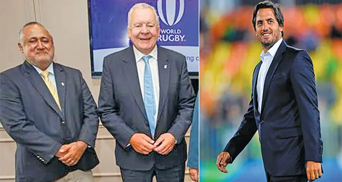 From left FRU Chairman Francis Keane, World Rugby Chairman Bill Beaumont and Agustin Pichot.