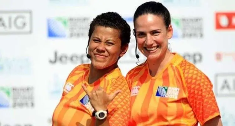 Fijian women rugby referee Kuini Vuli (left) with a fellow referee at one of the HSBC World Sevens Series. Photo: World Rugby