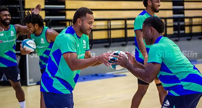 Swire Shipping Fijian Drua first five eight Teti Tela (left) works with Leone Nawai during training at the Vodafone Arena, Suva, on April 27, 2022. Tela starts in Saturday’s clash against the Highlanders. Photo: Leon Lord