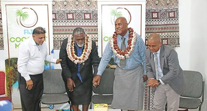 Coconut Millers chairman Raj Sharma, Assistant Minister for Agriculture and Waterways Tomasi Tunabuna, Assistant Minister for the office of the Prime Minister Sakiusa Tubuna, Permanent Secretary for the Ministry of Agriculture Vinesh Kumar yesterday. Photo: Sosiveta Korobiau