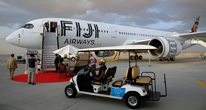 The Fiji Airways A350-900 XWB aircraft, named ISLAND OF VITI LEVU at  the Dubai Airshow on November 17,  2019. 