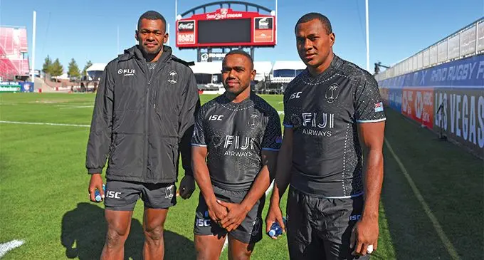 Fiji Airways Fijian 7s utility Sevuloni Mocenacagi (left- right), Waisea Nacuqu and Paula Dranisinukula at the Sam Boyd Stadium in Las Vegas, Nevada, USA on February 28, 2019. The players are in the 13-member squad announced by coach Gareth Baber. Photo: Ian Muir