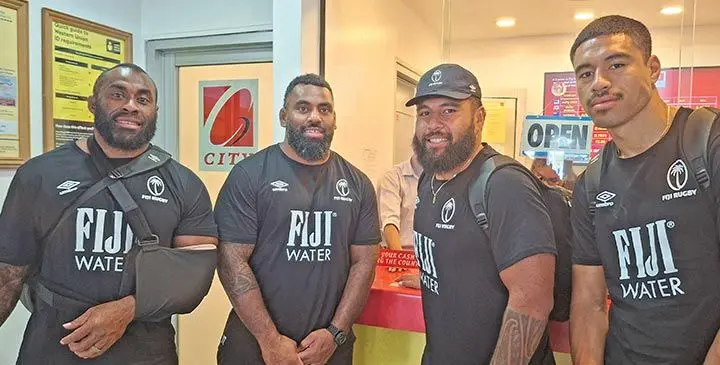 Flying Fijians from left: Peni Ravai, Samu Tawake, Haereiti Hetet and Salesi Rayasi at the Nadi International Airport on July 7, 2025. Photo: Mereleki Nai