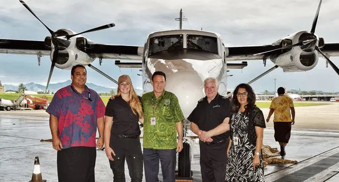 From left: Fiji Link general manager Athil Narayan, first officer on delivery flight Andrea Lessard, Fiji Airways Managing Director and chief executive officer Andre Viljoen, Delivery flight Captain David Crerar and Executive General Manager, Fiji Link and Group Corporate, International and Government Affairs Shaenaz Voss. Photo: Fiji Airways
