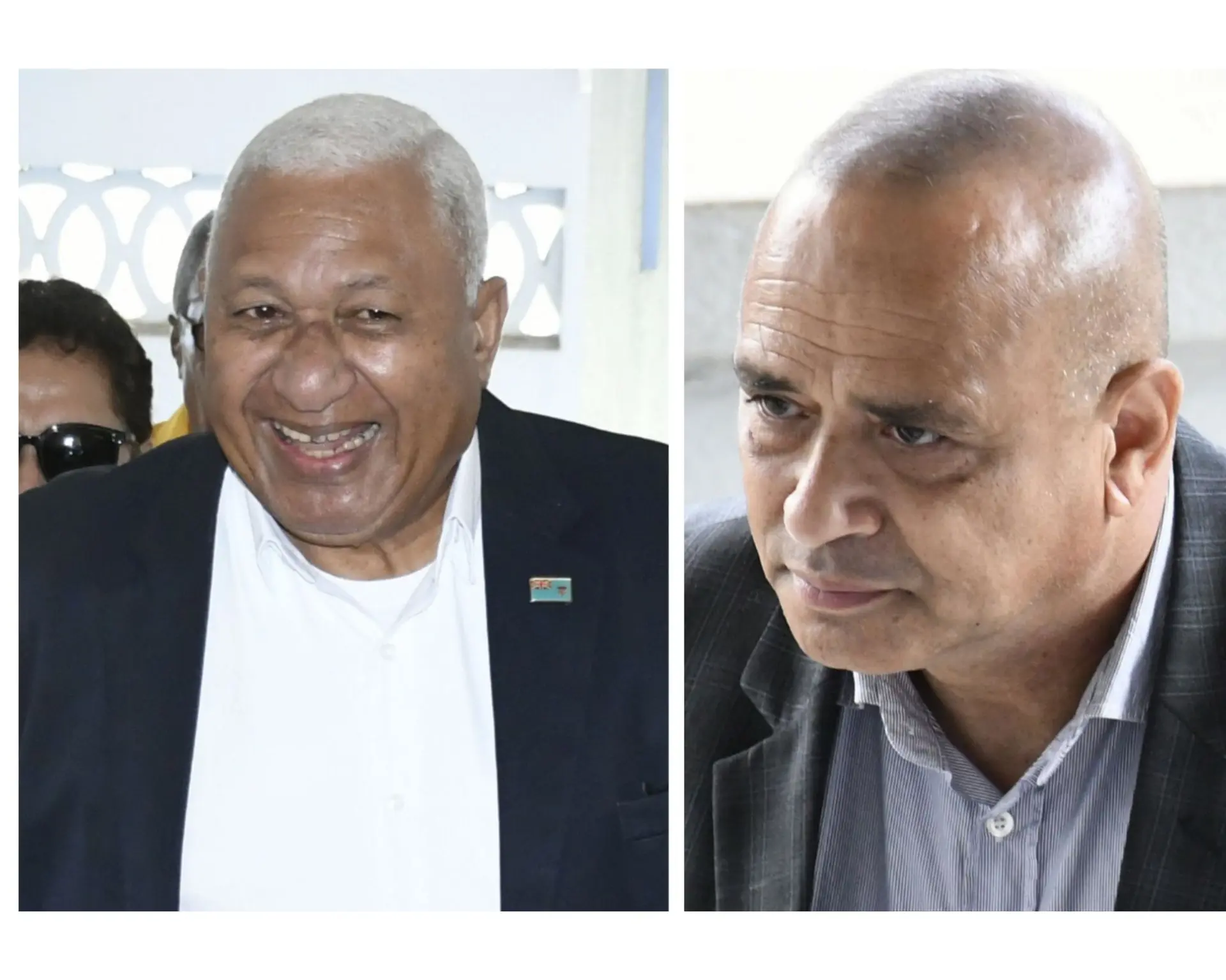 Former Prime Minister Voreqe Bainimarama (left) and former Police Commissioner Sitiveni Qiliho outside the High Court in Suva. 
