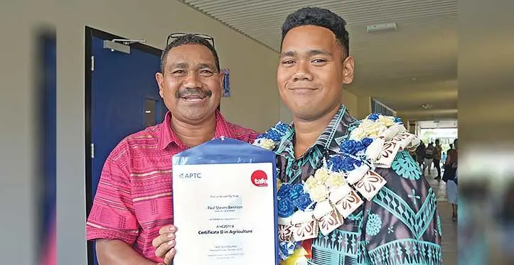 Paul Steven Bennion (senior) with son Jr. Bennion following his Certificate II in Agriculture APTC graduation at FNU Nasinu Campus on May 17, 2023. Photo: Ronald Kumar