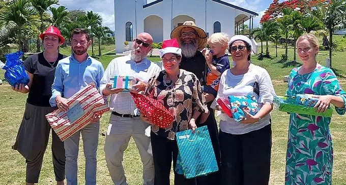 (From Left) Aspen Medical Fiji executive assistant, Nicole Herberts, project manager - capital works, Martin Lane, chief operations officer, Barry Herberts, CEO, Annette Owttrim, St Tabitha Orphanage Fiji home manager, Father Andronikos Erasmus holding his son, Theodore, Lautoka Hospital medical superintendent Dr Rigamoto Taito and Presu Yulitta Erasmus at Saweni, Lautoka on December 21, 2022. Photo: Nicolette Chambers