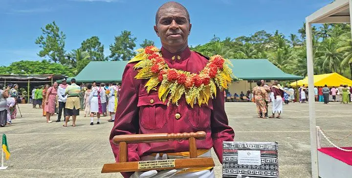 Netava Vukivuki holding his awards best all-rounder award best all-rounder award during the Fiji Corrections Service passing-out ceremony held at the Naboro Corrections headquarters on March 14, 2025. Photo: Sosiveta Korobiau
