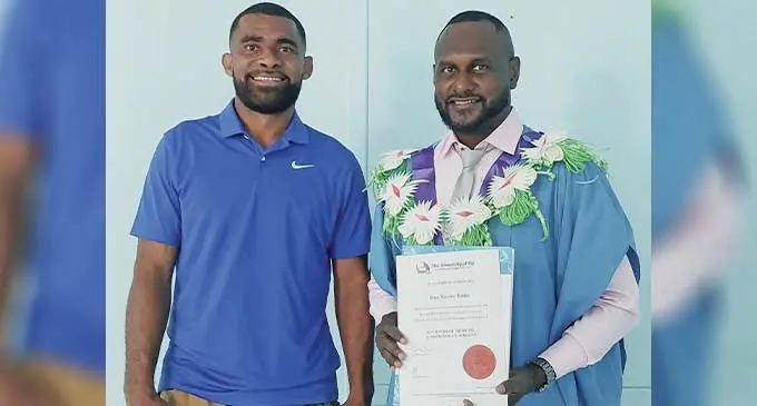 Xavier Tsika (right) and his friend Vili Brown after the University of Fiji graduation at the Saweni,Campus in Lautoka on December 15, 2023. Photo: Salote Qalubau