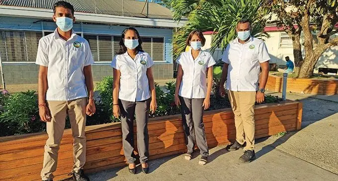 From left: Savusavu Town Council staff Nilesh Chand, council chief executive officer Seema Dutt and council staff Achal Deo and Kartik Deo standing in front of the newly constructed gardens in Savusavu Town on October 5, 2021.  Photo: Sampras Anand