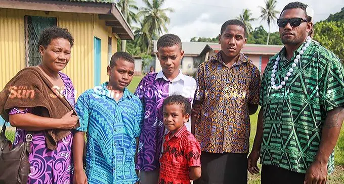 Lucky to be alive....Passengers from left: Kasanita Tukana, Sakiusa Roko , Simione Navara, Penueli Kuru, Petaia Vuli and Micheal Bitu (front) after the accident at Naiborebore, Tailevu on 18 April 2022. Photo: Leon Lord