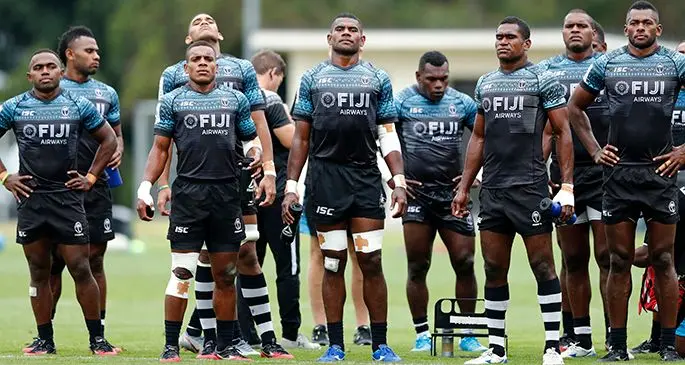 Fiji Airways Fijian 7s (left-right) Waisea Nacuqu, Vilimoni Botitu, Meli Derenalagi, Napolioni Bolaca, Apenisa Cakaubalavu, Asaeli Tuivuaka, Aminiasi Tuimaba, Josua Vakurinabili, Sevuloni Mocencagi during training at Fraser Tech Rugby Club ground in Hamilton, New Zealand on January 24, 2020. Photos: World Rugby