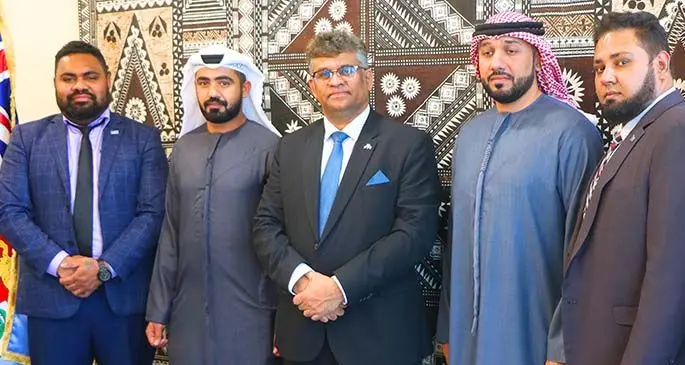 From left: First Secretary Sanaila Laqai, Abdulla Al Bloushi, outgoing Ambassador Kamlesh Prakash, Ahmed Al Bloushi and Second Secretary Jaljeet Kumar, at the Fiji Embassy Abu Dhabi.