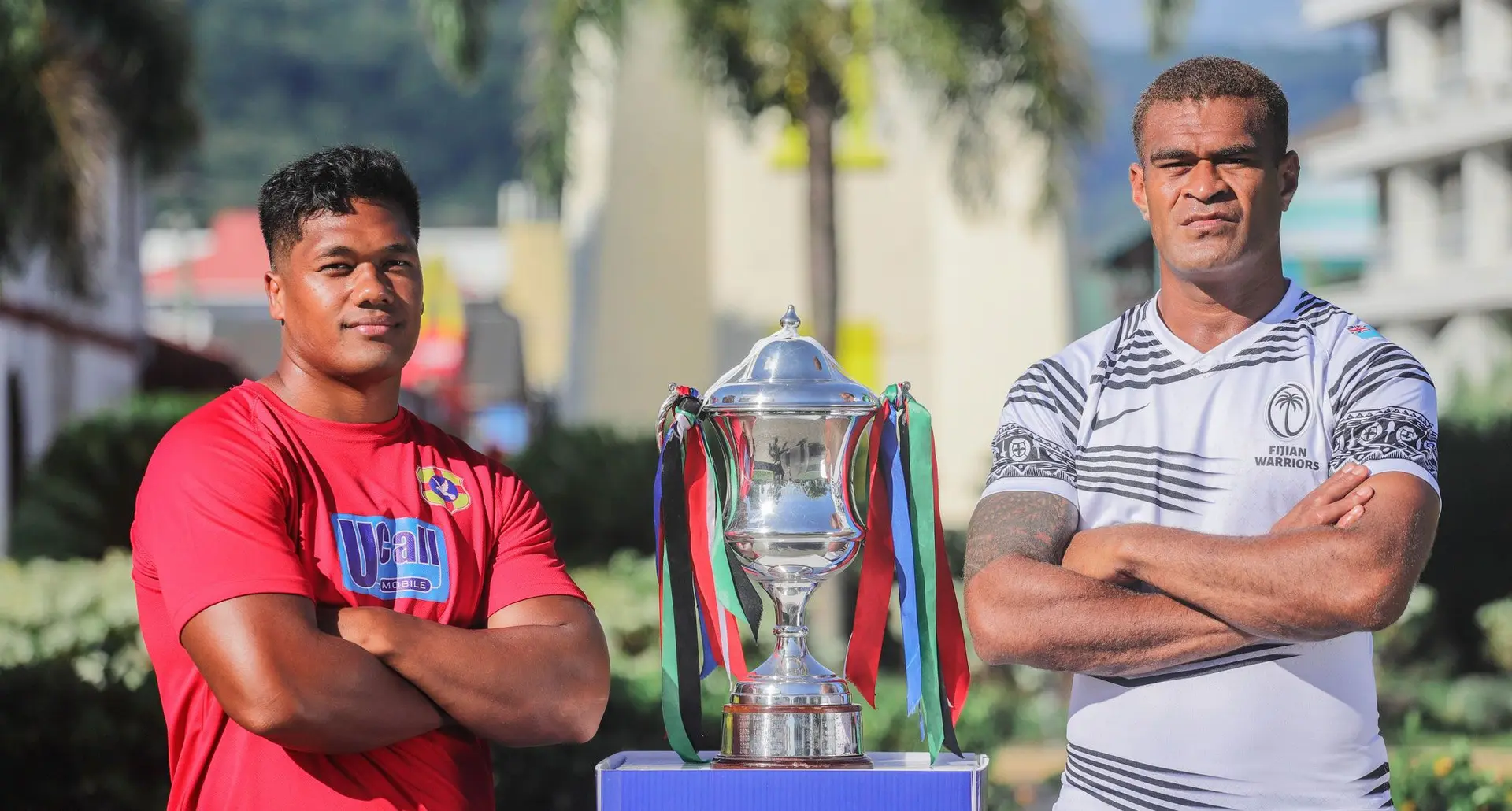 From left, Tonga A’s Leonaitasi Feke and Enele Malele of the Fijian Warriors during the captain’s photo shoot in Apia, Samoa. Photo: Oceania Rugby 