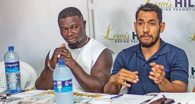 From left: Light heavyweight boxer Joseph Kwadjo and Winston Hill during a press conference at the BoxHit Gym in Suva on September 15, 2022. Photo: Leon Lord
