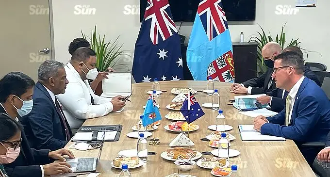Australia’s Minister for International Development and the Pacific Senator Zed Seselja (right) and his team met with Minister for Commerce, Trade, Tourism and Transport, Faiyaz Koya (second from left) and his team for a bilateral meeting on November 16, 2021. Photo: Maraia Vula.