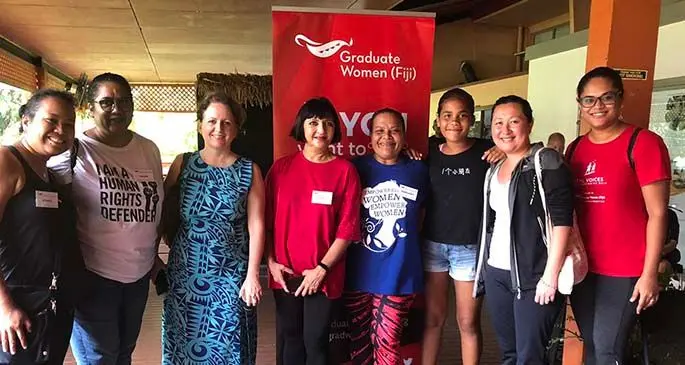 From left: Graduate Women Fiji president Maria Sekiguchi, Nalini Singh, British High Commissioner to Fiji Melanie Hopkins, South Pacific Stock Exchange chairperson Nur Bano Ali, Margaret Eastgate, Caroline Eastgate, Glenis Yee and Niki Goulding were the mentors and speakers during the annual vital voices global mentoring walk on March 7, 2020.  Photo: Graduate Women Fiji