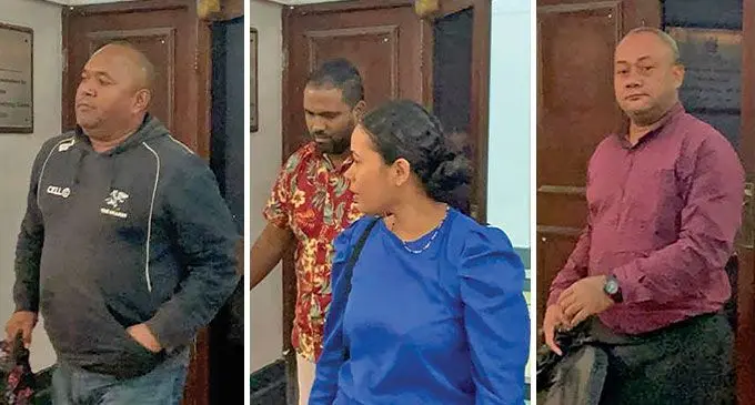 From left: Pauliasi Bainivalu, Shiu Raman, Razia Bibi, and Eliki Bola outside the High Court in Suva on July 8, 2024. Photo: Beranadeta Nagatalevu