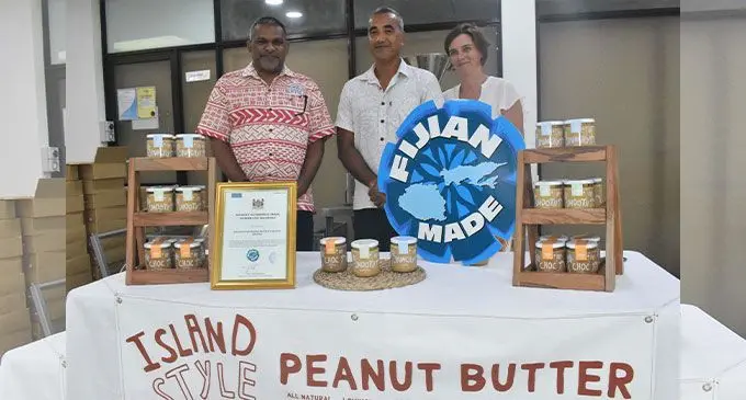 From left: Minister for Commerce, Trade, Tourism and Transport Faiyaz Koya and Island Style Peanut Butter owners, Gary Pickering and his wife, Heather, at the factory on April 20, 2022. Photo: Waisea Nasokia