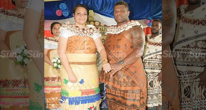 From left. Bridesmaid Elizabeth Nayatorosea, Vakaloloma Vatanirerega, who hails from Nukuni Village, Ono-i-Lau, with husband Apisai Naqaliva and bestman Alipate Senivutu during the wedding at Albert Park's conference room in Suva on August 5, 2022. Naqaliva plays for Clermont in the French Top 14 and represented the Flying Fijians during last November's Europe tour. The couple had been dating for four years and the global COVID-19 pandemic forced them to defer the wedding. Photo:  Ronald Kumar