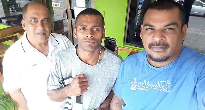  From left: South Pacific Boxing Promotions director Mohammed Shameem, Jese Ravudi and promoter Freddy Chand in Nadi.  Photo: SPBP