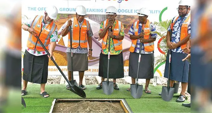 From left: Google vice-president of Network Infrastructure Brian Quigley; Prime Minister Sitiveni Rabuka, Akariva Nasemira, Jaji Nasavuli, and Fiji National Provident Fund's Naibuka Saune. Photo: Waisea Nasokia 