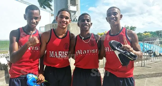 Marist Brothers High School’s 4x100m sub junior boys relay team (left-right) Sailasa Naicegu, Julius Ah Sing, Thomas Ravugani and Aliki Temo after winning their race during the Suva Zone Two competition at the ANZ Stadium, Suva, on March 5, 2021. Photo: Simione Haravanua