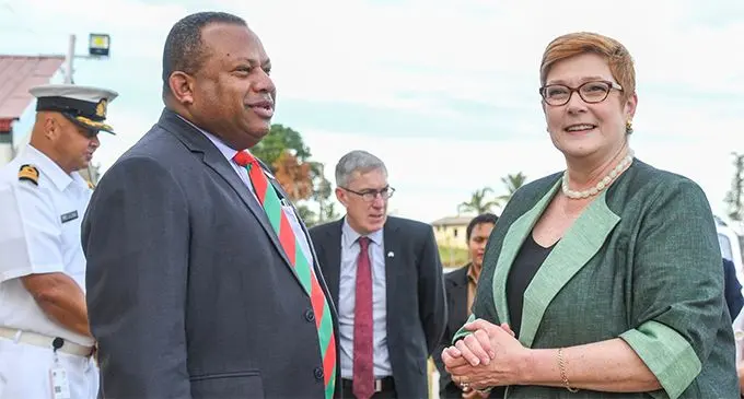 Australian Foreign Affairs Minister Marise Payne and Defence Minister Inia Seruiratu at Black Rock Camp in Nadi. Photo: DEPTFO