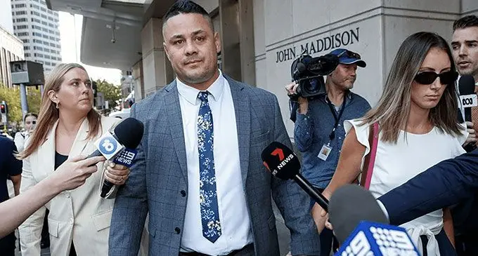Jarryd Hayne (second from left) is set to be released from prison after the state's top court quashed his sexual assault convictions. Photo: 2GB Sydney