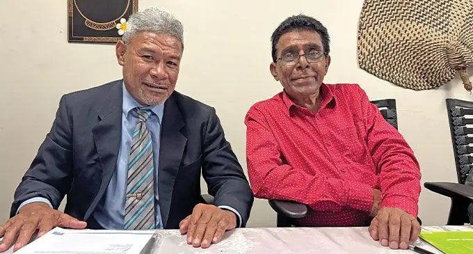 From left: Boxing Commission of Fiji (BCF) board member Eroni Loganimoce and chairman Adi Narayan during a press conference at the Ministry of Youth and Sports on December 6, 2024. Photo: Sereana Salalo