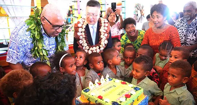 Pioneers of the Lokia Community Kindergarten with Prime Minister Voreqe Bainimarama and Chinese Ambassador, Qian Bo on February 24, 2020. Photo: Kelera Sovasiga