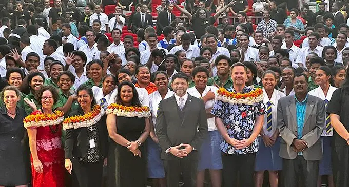 Attorney-General and Minister for Economy, Aiyaz Sayed-Khaiyum (centre), during the International Youth Day celebrations at the Suva Civic Center on August 12,2022. Photo: Nolishma Narayan
