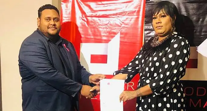 Damodar Event Cinemas sales executive Manoa Puamau (left), with Haus of Khameleon co-ordinator Sulique Waqa after the signing of an agreement for ticket sales at Damodar City Centre on October 8, 2019.