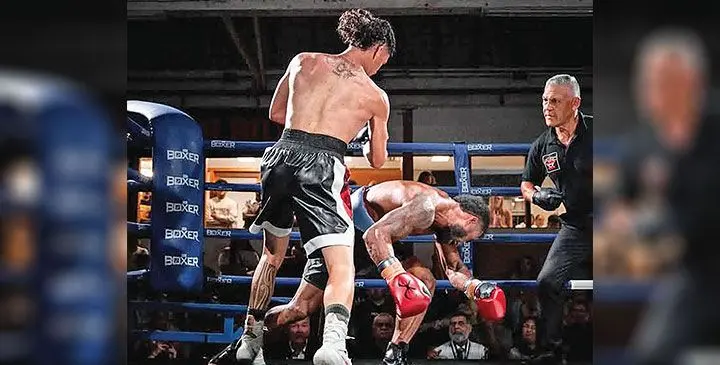 Fiji boxer Sireli Navua is brutally knocked out in the first round by Sonny Moroni in Auckland, New Zealand, on March 1, 2025. Photo: Supplied