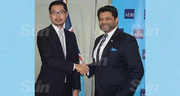 From left: Asian Development Bank’s South Pacific subregional regional Director, Masayuki Tachiiri, with Attorney-General and Minister for Economy Aiyaz Sayed-Khaiyum on August 13, 2020. Photo: Ronald Kumar