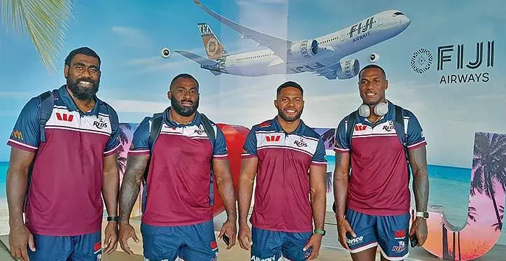 Fijians playing for Queensland Reds {from left) Seru Uru, Peni Ravai, Fili po Daugunu and Suliasi Vunivalu at the Nadi International Airport on June 1, 2023. Photo: Waisea Nasokia