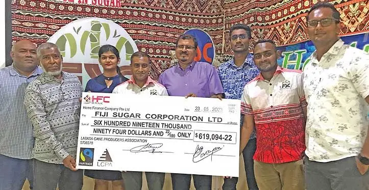 Labasa Cane Producers’ Association staff handover cheque to Fiji Sugar Corporation in Labasa on May 24, 2023. Photo: Shratika Naidu