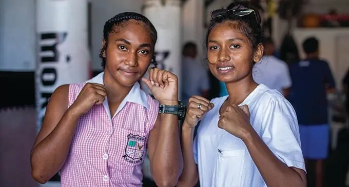 Amateur female boxers Laite Nanovu (l) and Tanzeela Raza square up during the promotion press confrence of the Lewis Hill Boxing promotion at Toorak, Suva on September 14, 2022. Photo- Leon Lord