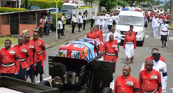 The Republic of Fiji Military Force Commander Rear Admiral Viliame Naupoto led the RFMF in escorting the body of former Commander of the then Royal Fiji Military Forces late Colonel Paul Manueli from MIOT Pacific Hospitals in Amy Street to Brown Street on February 28, 2019. 
