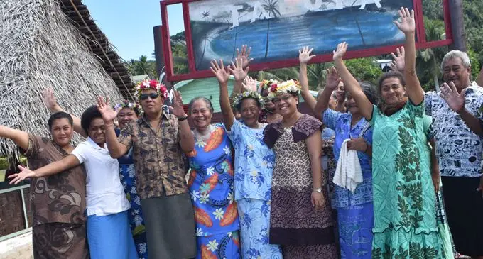 Ministry of Women Children and Poverty Alleviation Permanent Secretary Dr Josefa Koroivueta (third from left), and Minister Mereseini Vuniwaqa (sixth from right) with members of the Kioa Women’s Group. Photo: Nacanieli Tuilevuka