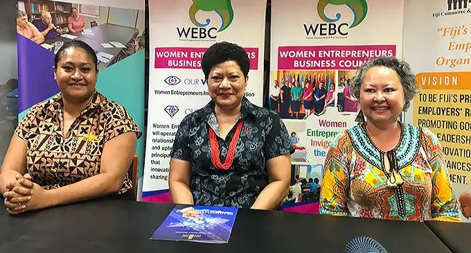 Women Entrepreneurs executives, (from left) Fiona Dansey, chairperson Eseta Nadakiutavuki and vice chairperson, Sharyne Fong, during the announcement of the inaugural Women Invigorating The Nation Convention, in Suva on March 14, 2022. Photo: Frederica Elbourne