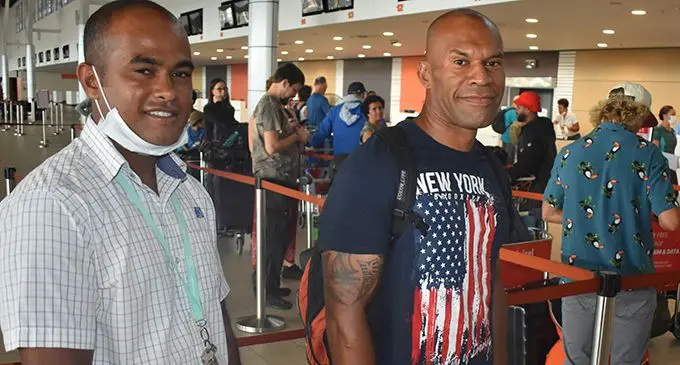 Air Terminal Services (Fiji) Ltd staff member Alivereti Kamanalagi with British Army Staff Sergeant Kalisito Vuevueika at the Nadi International Airport on April 29, 2020.   Photo: Waisea Nasokia 